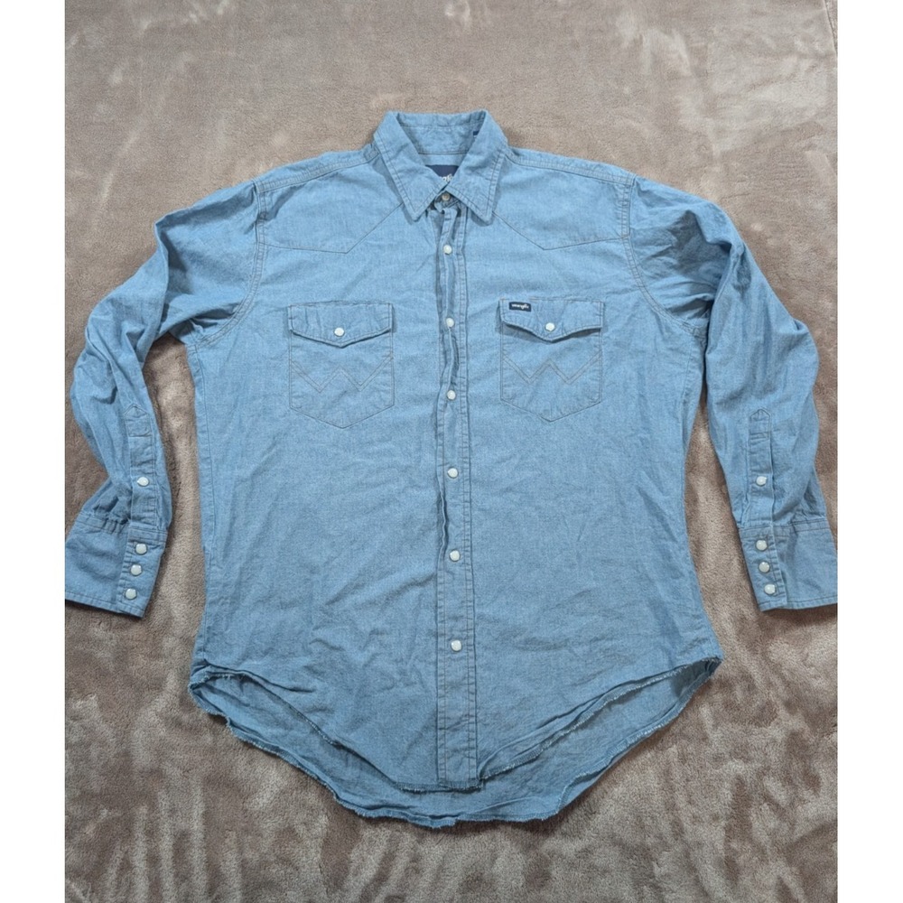 Wrangler Western Shirt Mens L Blue Chambray Pearl Snap Long Sleeve
